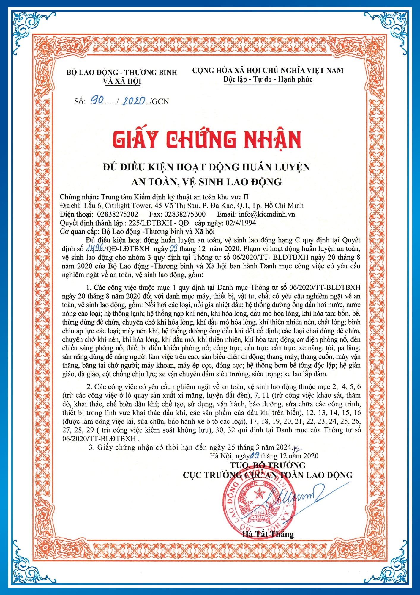 Chứng nhận đủ điều kiện hoạt động Kiểm định kỹ thuật an toàn lao động - Bộ Xây dựng